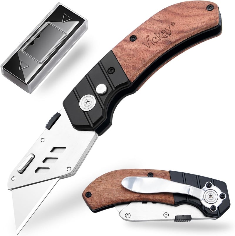 Vickay Utility Knife with Belt Clip, Heavy Duty Box Cutter Knife for Cartons, Cardboard, Carpet and Leather, Razor Knife with Wood Handle and Extra 5 SK5 Blades - Image 1